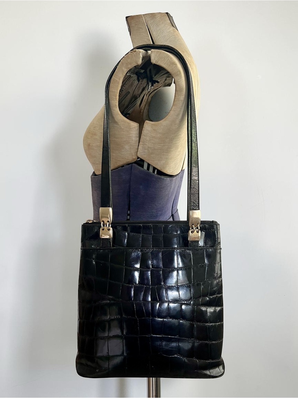 Vintage Paola del Lungo Black Genuine Leather Croc Embossed Shoulder Bag